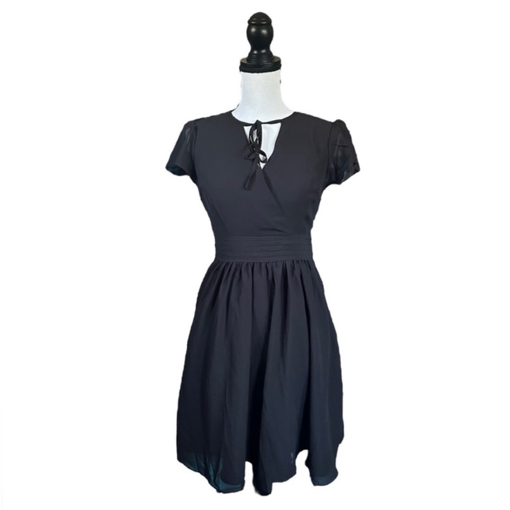 ModCloth Black Chiffon Flutter Sleeve Keyhole Mini Dress Retro PinUp Cocktail XS